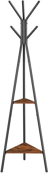 Black Coat Rack Stand Industrial Style 2 Shelves Clothes