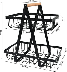 CARLA HOME 2-Tier Fruit Basket Stand for Kitchen Countertop for Fruits, Vegetables, Bread & Snacks with Wooden Handle