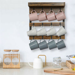 Wooden Wall Mounted Coffee Mug Rack 12 Hooks Cup Holder