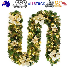 2.7M Christmas Garland with Lights Rattan Artificial Garland Green for Indoor Home Fireplace Stair Decorations-Gold