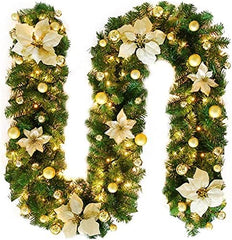 2.7M Christmas Garland with Lights Rattan Artificial Garland Green for Indoor Home Fireplace Stair Decorations-Gold