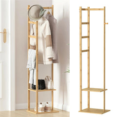 Bamboo Coat Stand Clothes Rack with Garment Shelf, Hanging Rail and Hooks - Free Delivery