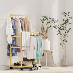 Portable Rolling Bamboo Clothes Rack for Kids with Hanging Rail - Free Delivery