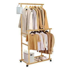 Portable Rolling Bamboo Clothes Rack for Kids with Hanging Rail - Free Delivery
