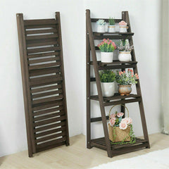 Retro 4 Tier Wooden Ladder Bookcase Folding Book Shelf Plant Stand Storage Rack - Free Delivery