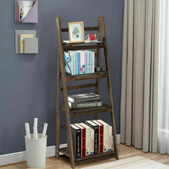 Retro 4 Tier Wooden Ladder Bookcase Folding Book Shelf Plant Stand Storage Rack - Free Delivery