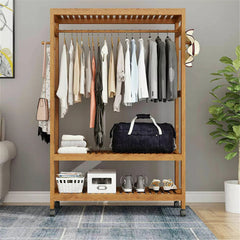 XXL Wooden Clothes Rail Coat Rack with Wheels – Open Wardrobe Organizer - Free Delivery