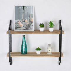 2 Layer Wood Wall Shelves Home Decor Floating Shelf Metal Hanging Storage Rack - Free Delivery