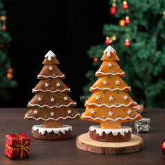 2 Pcs (1 Yellow + 1 Brown) Charming Gingerbread Christmas Tree Figurine - Festive Resin Holiday Table Decor Ornament