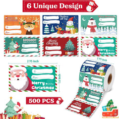 Set of 4 Christmas Gift Tag Sticker Rolls - 2000 Self-Adhesive Labels for Presents