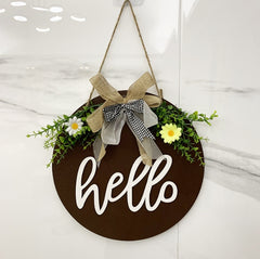 Brown Rustic 'Hello' Welcome Sign - Farmhouse Round Wooden Wreath for Front Door Decor