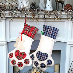 Blue Large Plaid Dog Paw Christmas Stocking - Festive Fireplace Decor for Pet Lovers
