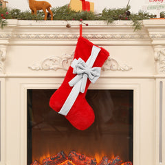 2 Pcs Red Stitching White Bow Luxurious Velvet Christmas Stocking with Elegant Bow - Large 45cm Holiday Mantel Decoration