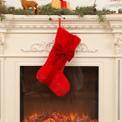 2 Pcs Red Stitching Red Bow Luxurious Velvet Christmas Stocking with Elegant Bow - Large 45cm Holiday Mantel Decoration