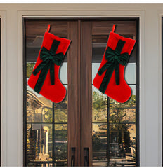 2 Pcs Red Stitching Red Bow Luxurious Velvet Christmas Stocking with Elegant Bow - Large 45cm Holiday Mantel Decoration