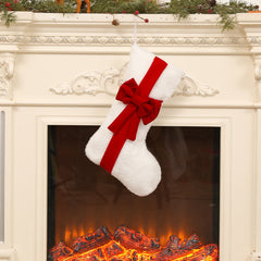 2 Pcs White Stitching Red Bow Luxurious Velvet Christmas Stocking with Elegant Bow - Large 45cm Holiday Mantel Decoration