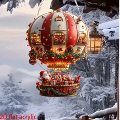 Red Whimsical Santa's Hot Air Balloon Ornament - 2D Flat Acrylic Hanging