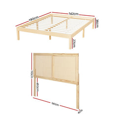 Artiss Bed Frame Double Size with Rattan Headboard Wooden Bed Base BRUNO