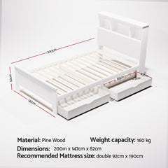 Artiss Bed Frame King Single Size Wooden with 3 Shelves Bed Head White