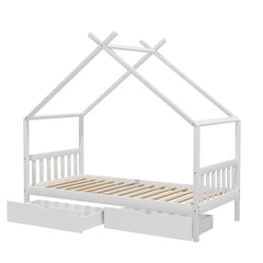 Artiss Bed Frame Wooden Base Kids Single Timber House with 2 Storage Drawers Beds White