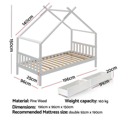 Artiss Bed Frame Wooden Base Kids Single Timber House with 2 Storage Drawers Beds White