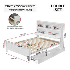 Artiss Bed Frame Double Size Wooden with 3 Shelves Bed Head White