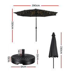 Instahut Outdoor Umbrella 2.9m Market Umbrella with Base String Light Black