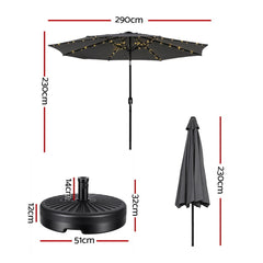 Instahut Outdoor Umbrella 2.9m Market Umbrella with String Light Tilt Charcoal Shade