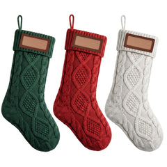 Jingle Jollys 3PCS Personalized Christmas Stockings with Leather Patches 16 Inch Knitted Solid Colour Xmas Decor For Fireplace Mantel, Christmas Tree, Home Decoration & Holiday Party Displays