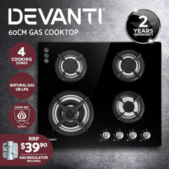 Devanti Gas Cooktop 60cm 4 Burner Black