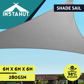 Instahut Shade Sail 6x6x6m Triangle 280GSM 98% Grey Shade Cloth