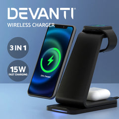 Devanti 3 in 1 Wireless Charger Holder 15W Fast Charging for Phone Airpod Watch
