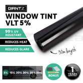Giantz Window Tint Film Black Roll 5% VLT Home House 100cm X 30m Tinting tools