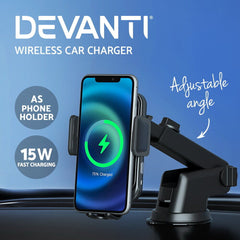 Devanti Wireless Car Charger 15W Fast charging Air Vent Mount Phone Holder