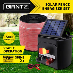 Giantz Fence Energiser 5KM Solar Powered Electric 1200M Poly Tape