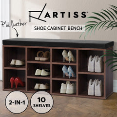 Artiss Shoe Rack Cabinet Bench 10 Cubes - Walnut