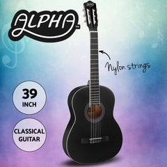 Alpha 39 Inch Classical Guitar Wooden Body Nylon String Beginner Gift Black