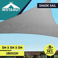Instahut Shade Sail 5x5x5m Triangle 280GSM 98% Grey Shade Cloth
