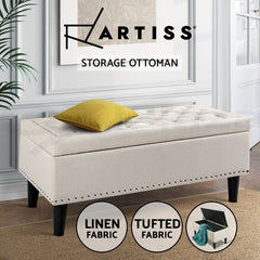 Artiss Storage Ottoman Blanket Box 96cm Linen Taupe