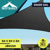 Instahut Shade Sail 5x5x5m Triangle 280GSM 98% Black Shade Cloth