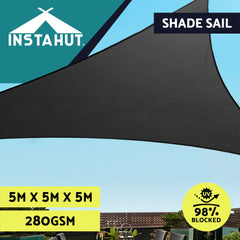 Instahut Shade Sail 5x5x5m Triangle 280GSM 98% Black Shade Cloth