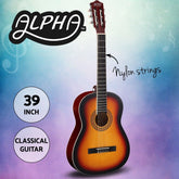 Alpha 39 Inch Classical Guitar Wooden Body Nylon String Beginner Gift Sunburst