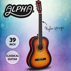Alpha 39 Inch Classical Guitar Wooden Body Nylon String Beginner Gift Sunburst