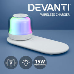 Devanti 3 in 1 Wireless Charger 15W Fast Charging RGB Light Bluetooth Speaker for Phone