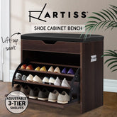 Artiss Shoe Rack Cabinet Bench 3-tier 15 Pairs Walnut