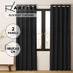 Artiss 2X Blockout Curtains Eyelet 180x213cm Black Free Delivery