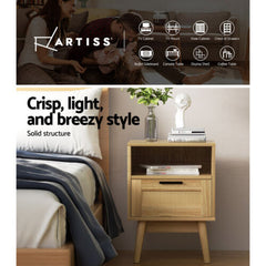 Artiss Rattan Bedside Table 1 Drawer with Shelf - REI Oak