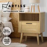 Artiss Rattan Bedside Table 1 Drawer with Shelf - REI Oak