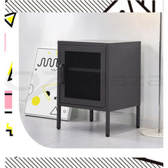 ArtissIn Bedside Table Mesh Door Cabinet - Black