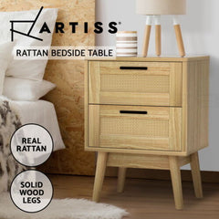 Artiss Rattan Bedside Table 2 Drawers Wood - RIE Oak